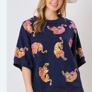 Fantastic Fawn Navy Sweatshirt with Sequin Pink & Gold Flamingos
